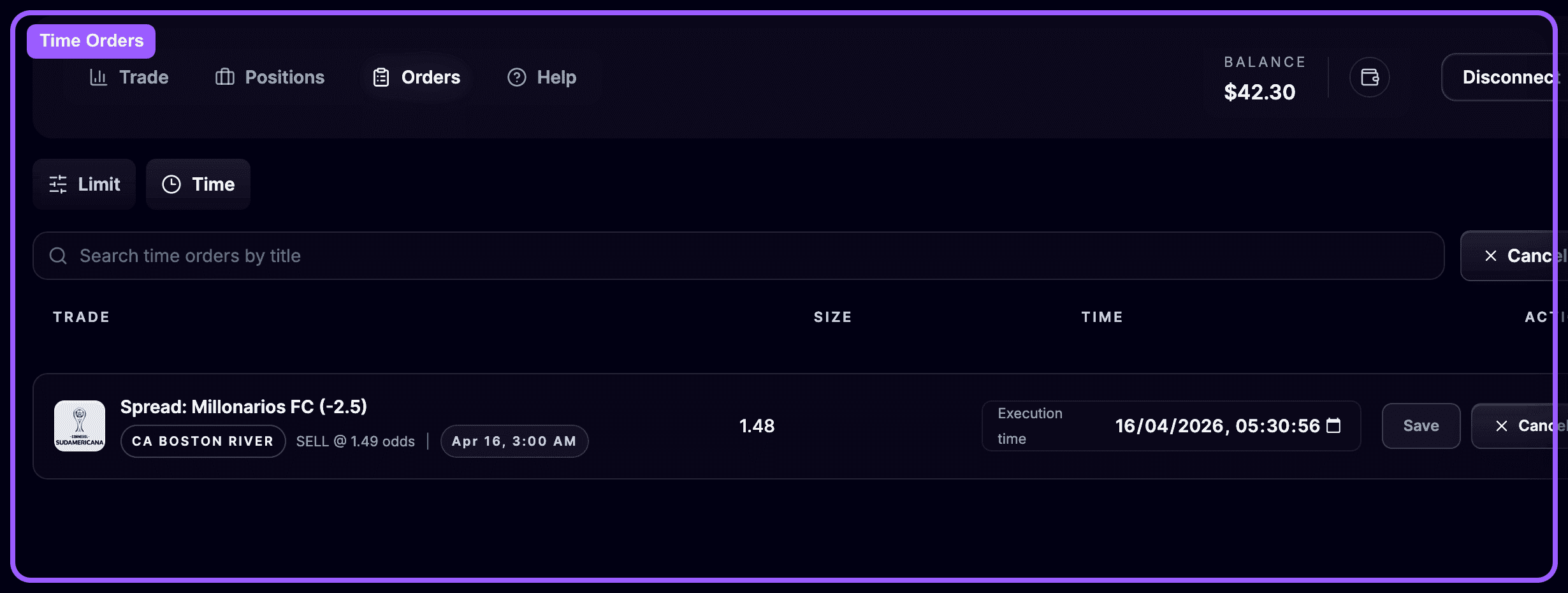 OddsFantasy Orders page showing a scheduled time order with its execution time
