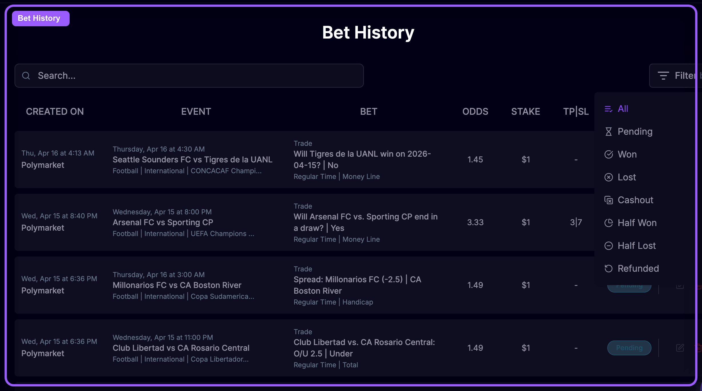 Bet History page